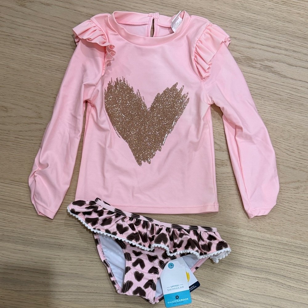 Snapper Rock Pink Glitter Heart Ruffle Long Sleeve Swim Set